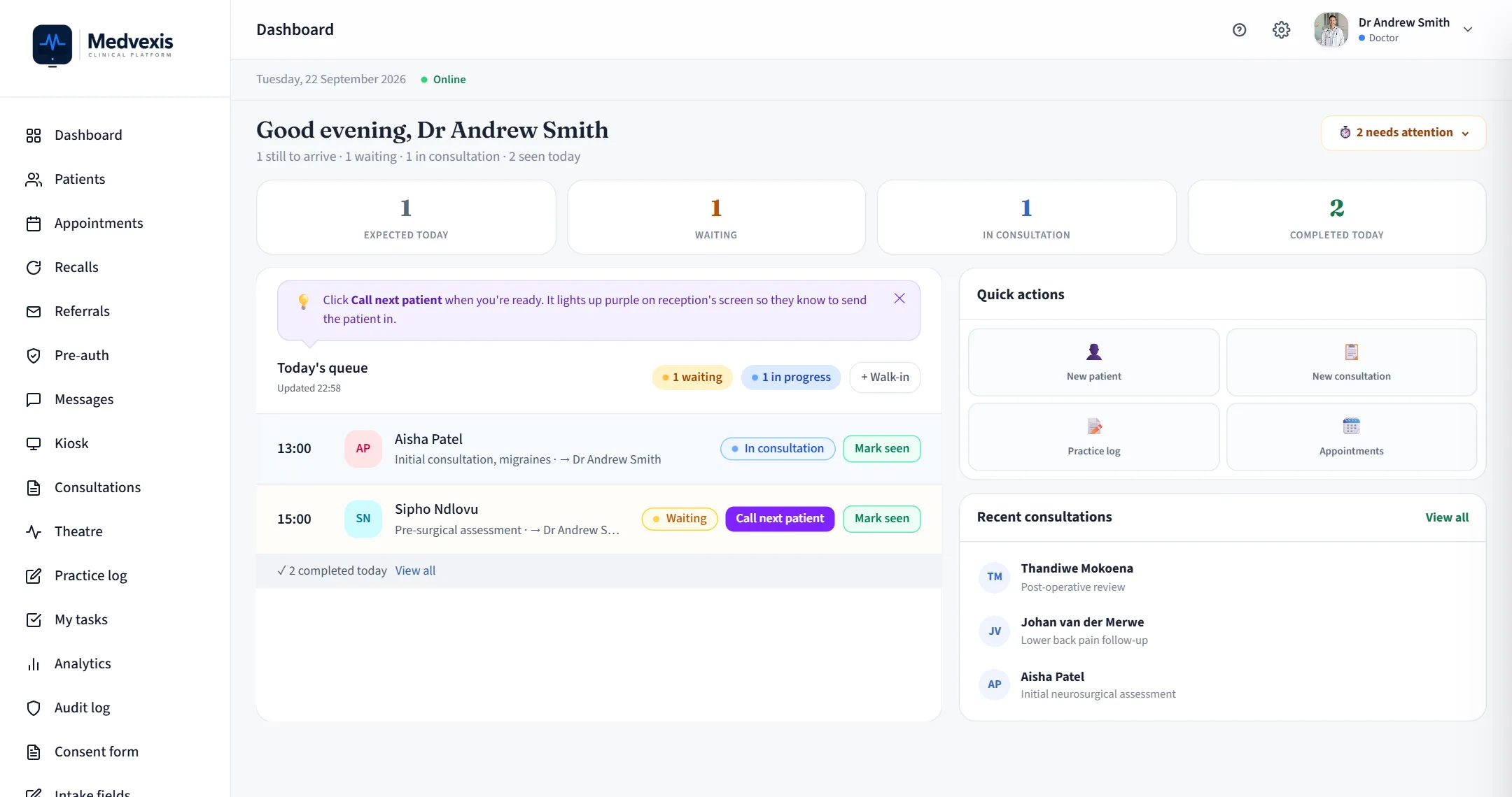 The Medvexis doctor dashboard showing today's queue and recent consultations.