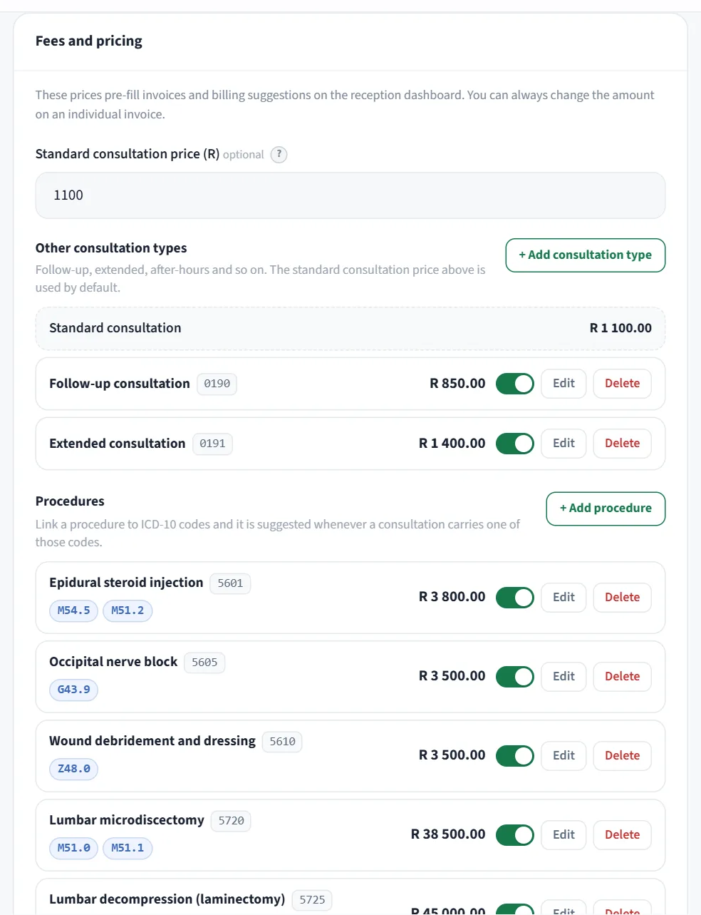 The Fees and pricing settings in Medvexis, listing consultation types and procedures with their prices and linked ICD-10 codes.