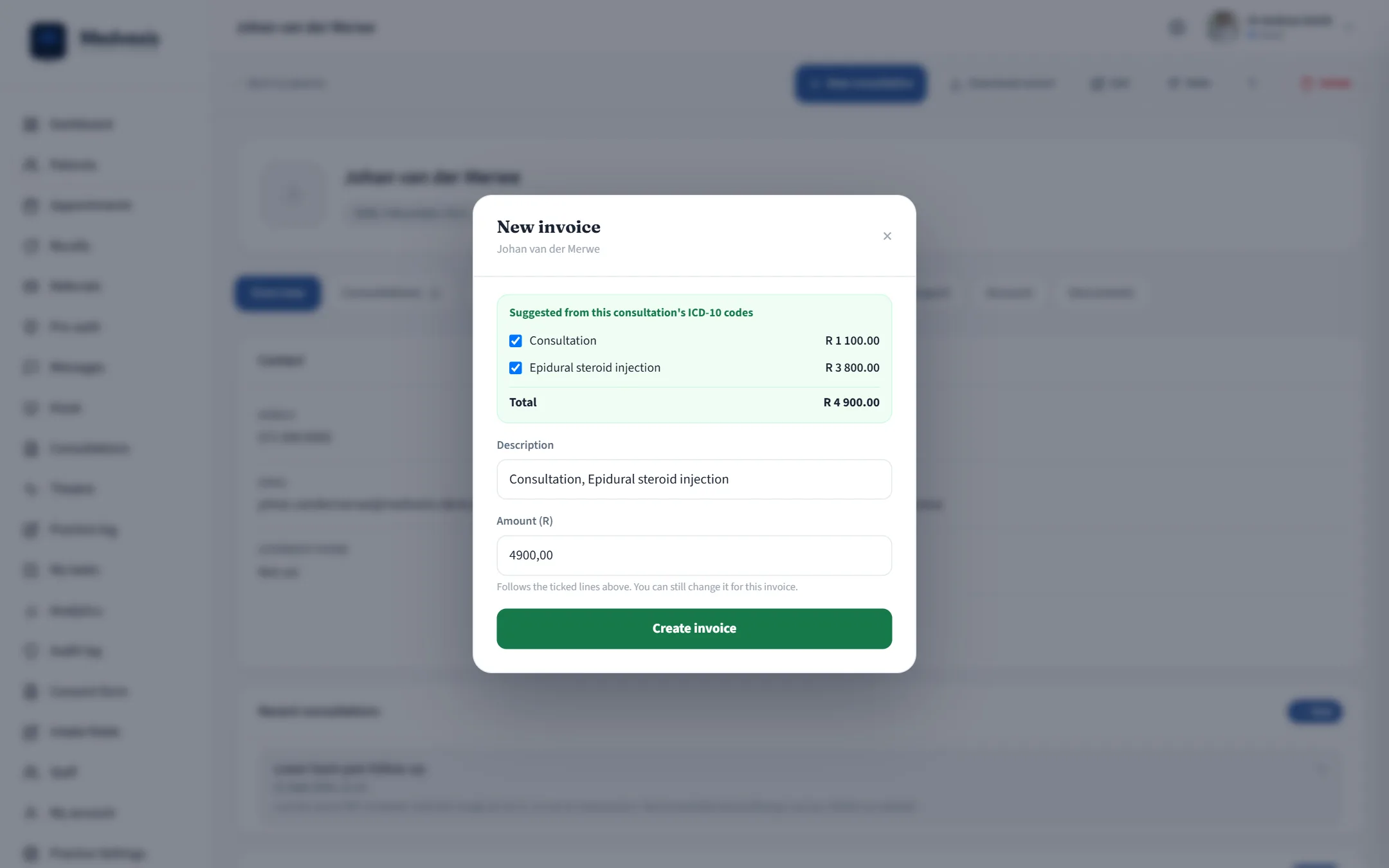 A new invoice in Medvexis with the consultation and two matching procedures suggested from the consultation's ICD-10 codes, and the total calculated.