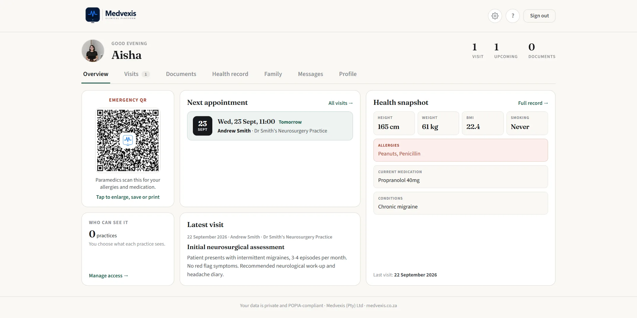 The Medvexis patient portal with an emergency QR code, the next appointment and a health snapshot.